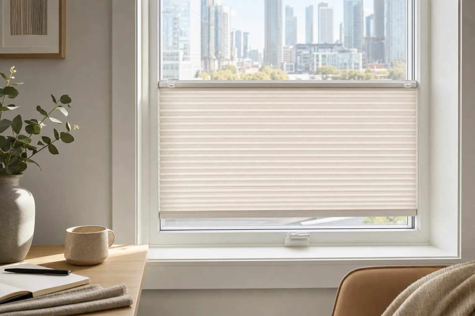 A warm-white cellular blind clipped directly into the glazing bead of a white uPVC condo window, with the small upper mounting tabs visible and no holes in the frame