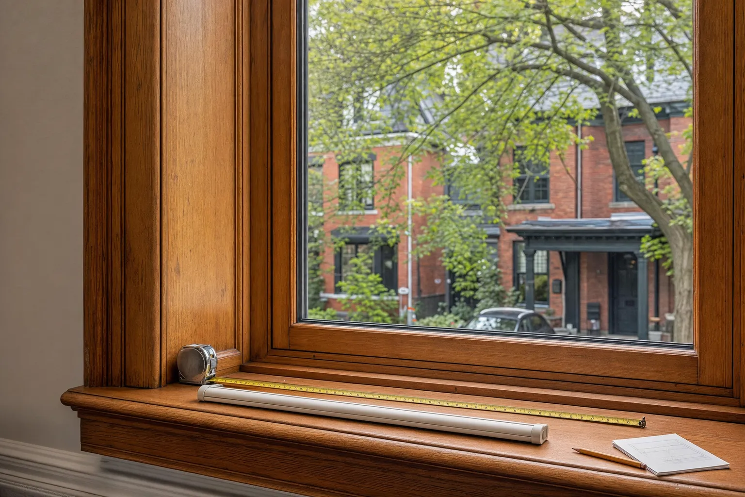 A steel tape laid across an untouched heritage wood window recess beside a cream tension roller cassette, a pencil and a dimension sketch on the broad sill