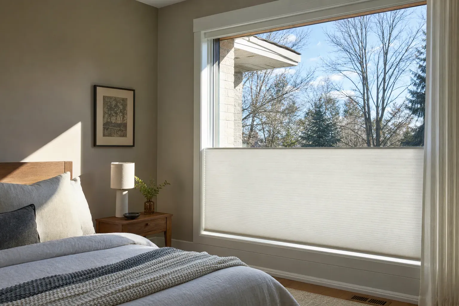 Bedroom window with a cellular shade covering the lower half for privacy while winter sky remains open above
