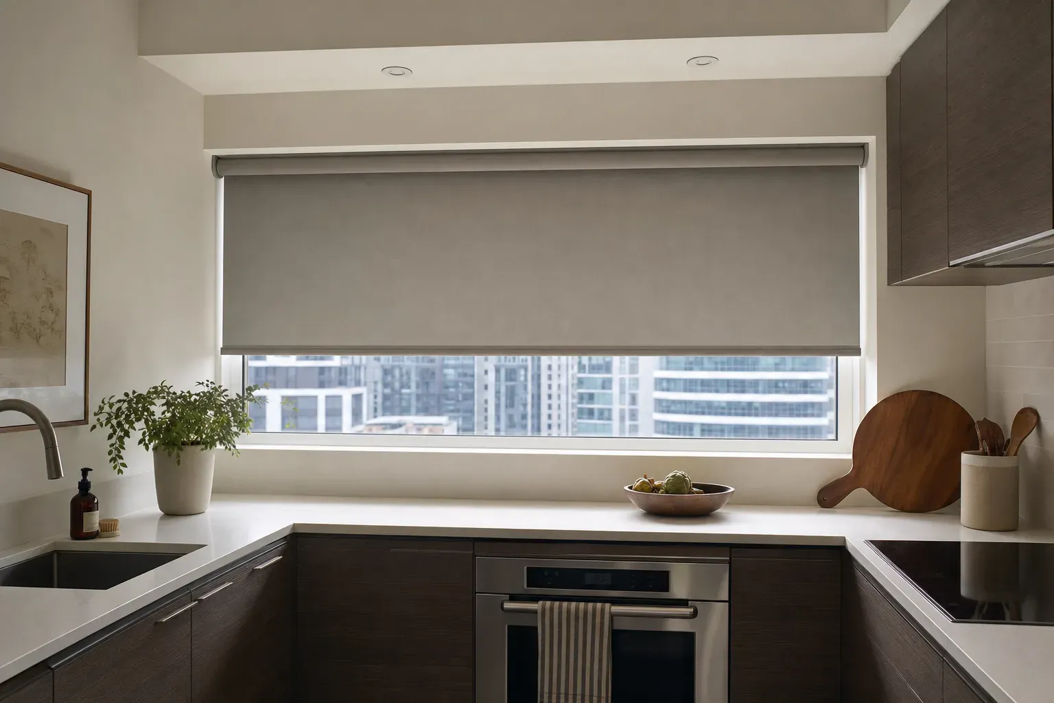 Compact condo kitchen with one warm-grey roller shade fitted into the shallow recess above a wide window