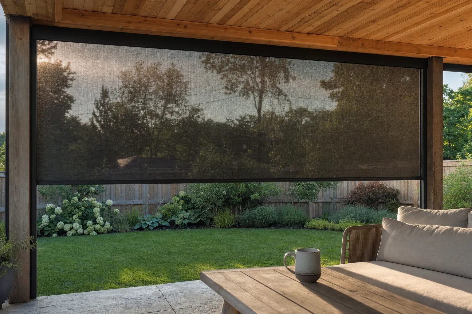 A charcoal exterior mesh roller lowered between slim side tracks on a covered cedar patio, softening low sun while the lawn and garden remain visible through the weave