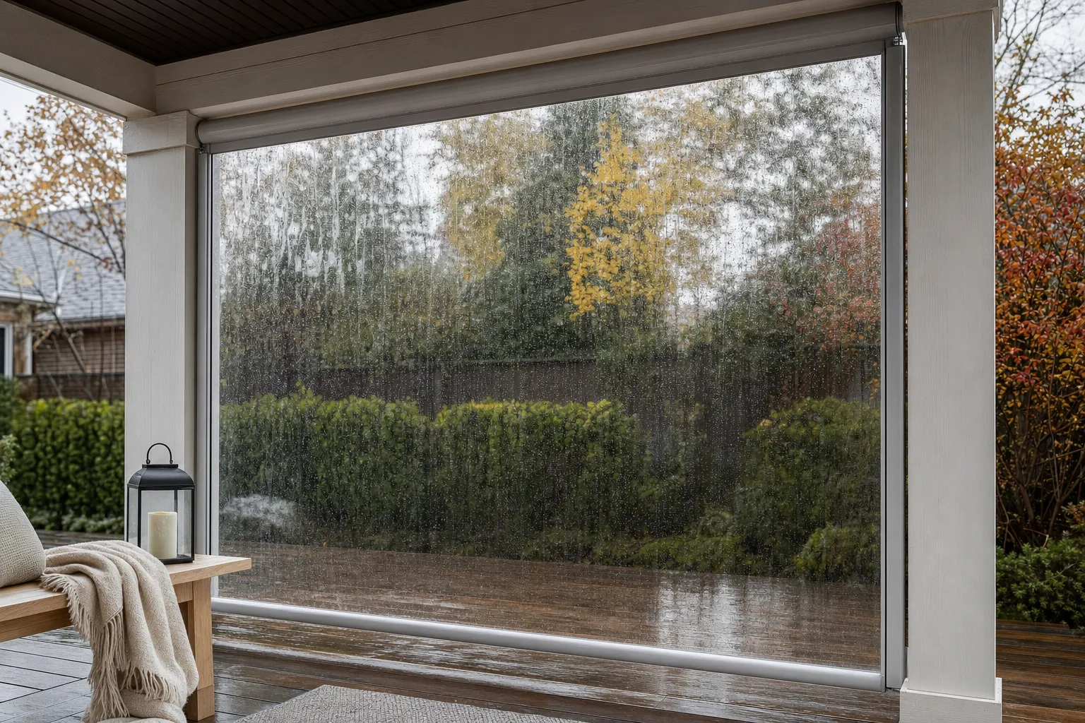 A clear roll-down PVC outdoor panel held in side channels between porch posts on a rainy day, with water beading on the transparent surface and the wet garden visible beyond