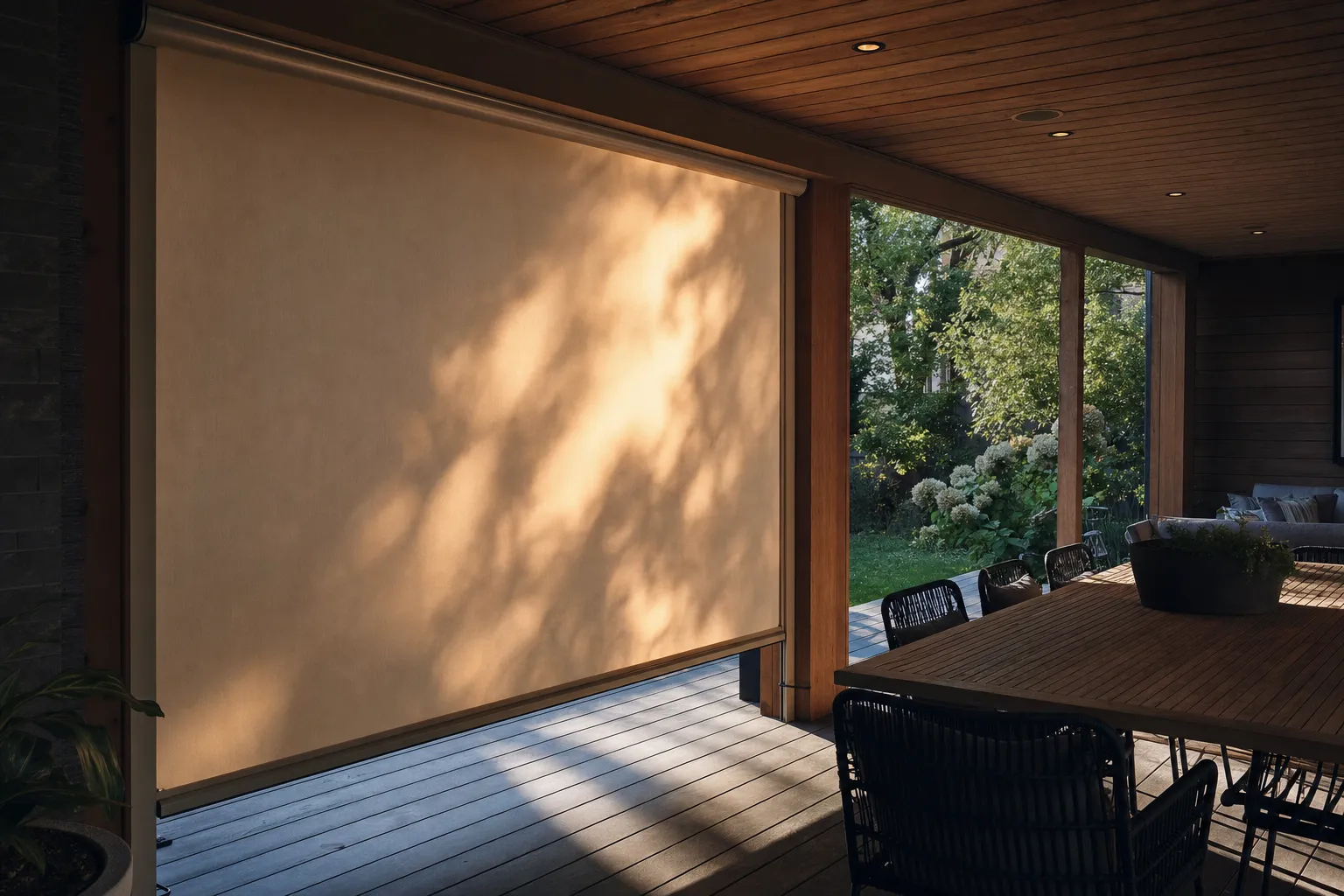 A sand-coloured solid exterior roller shade held in side channels along a covered patio, taking the low evening sun while the dining area behind it stays shaded