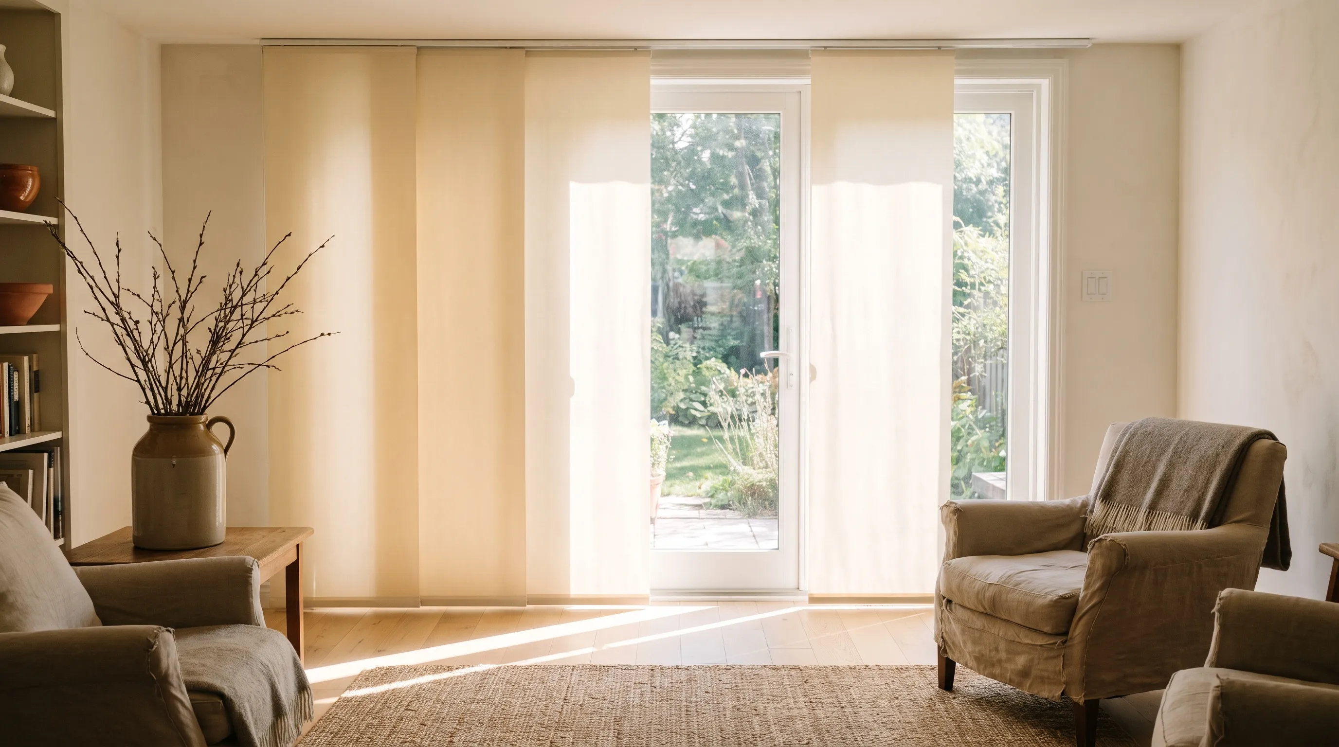 A panel track blind on a garden door — four broad flat fabric panels in warm cream, three stacked to one side and one still across the glass, with the sunlit garden open beyond and two armchairs facing it