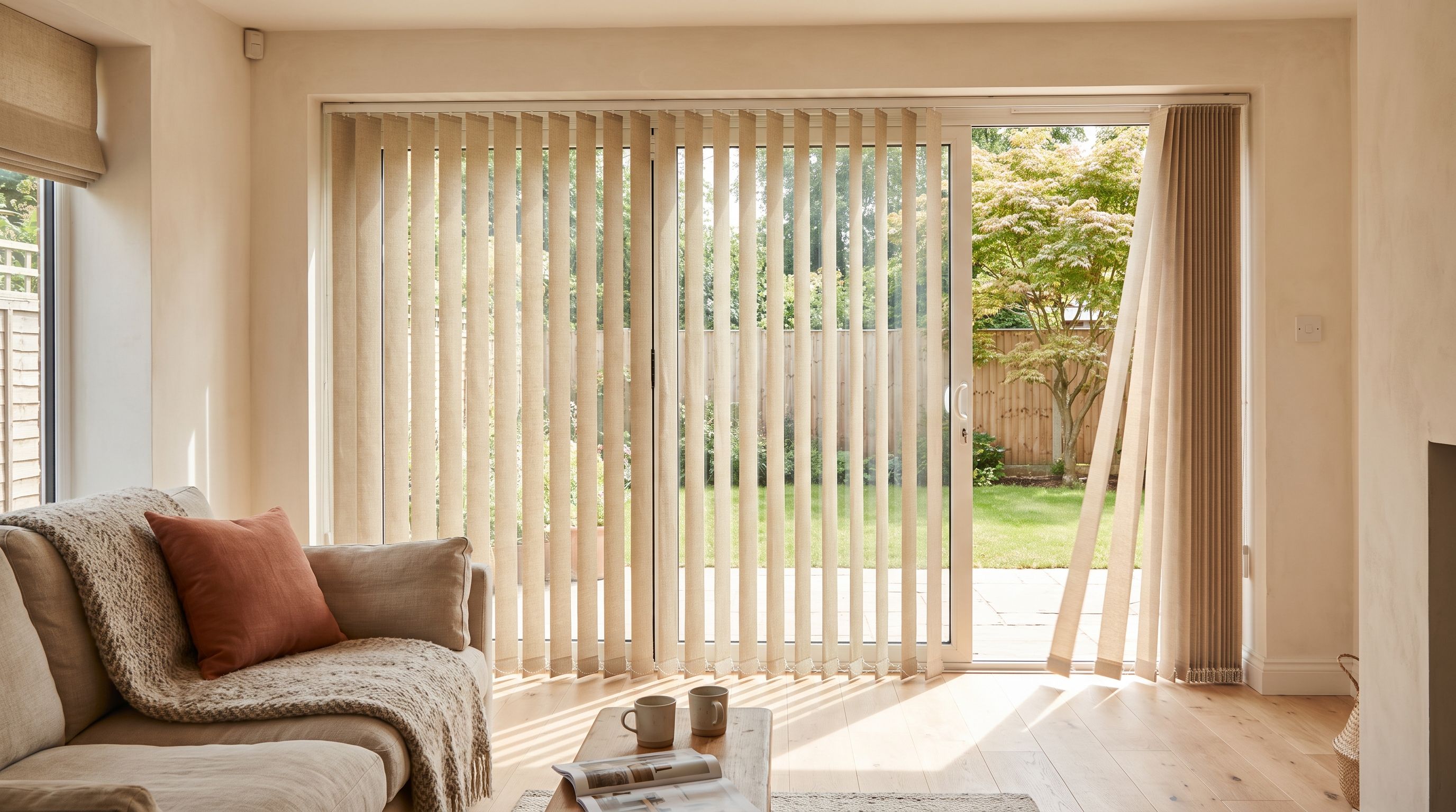 Vertical blinds in oatmeal fabric across a wide sliding patio door, most vanes angled so daylight falls in tall strips across a pale oak floor and the rest stacked clear of the opening, a Japanese maple and a fence in the garden beyond, a linen sofa with a terracotta cushion in front