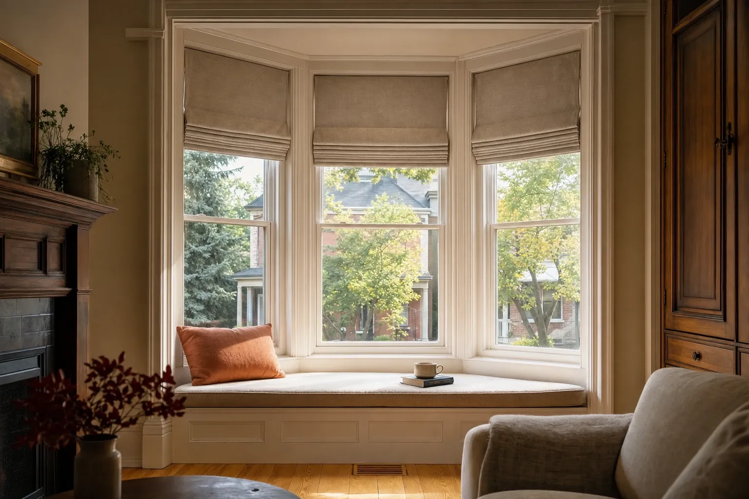 Traditional three-sided bay window with oatmeal roman shades raised to one level line above a cushioned window seat
