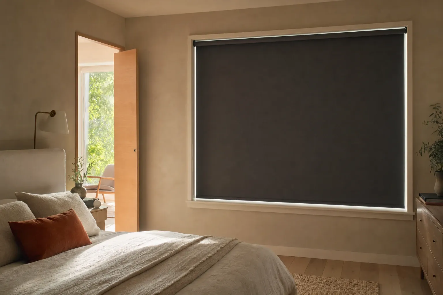 Warm bedroom with a charcoal blackout roller fully lowered and a fine line of daylight visible around the blind