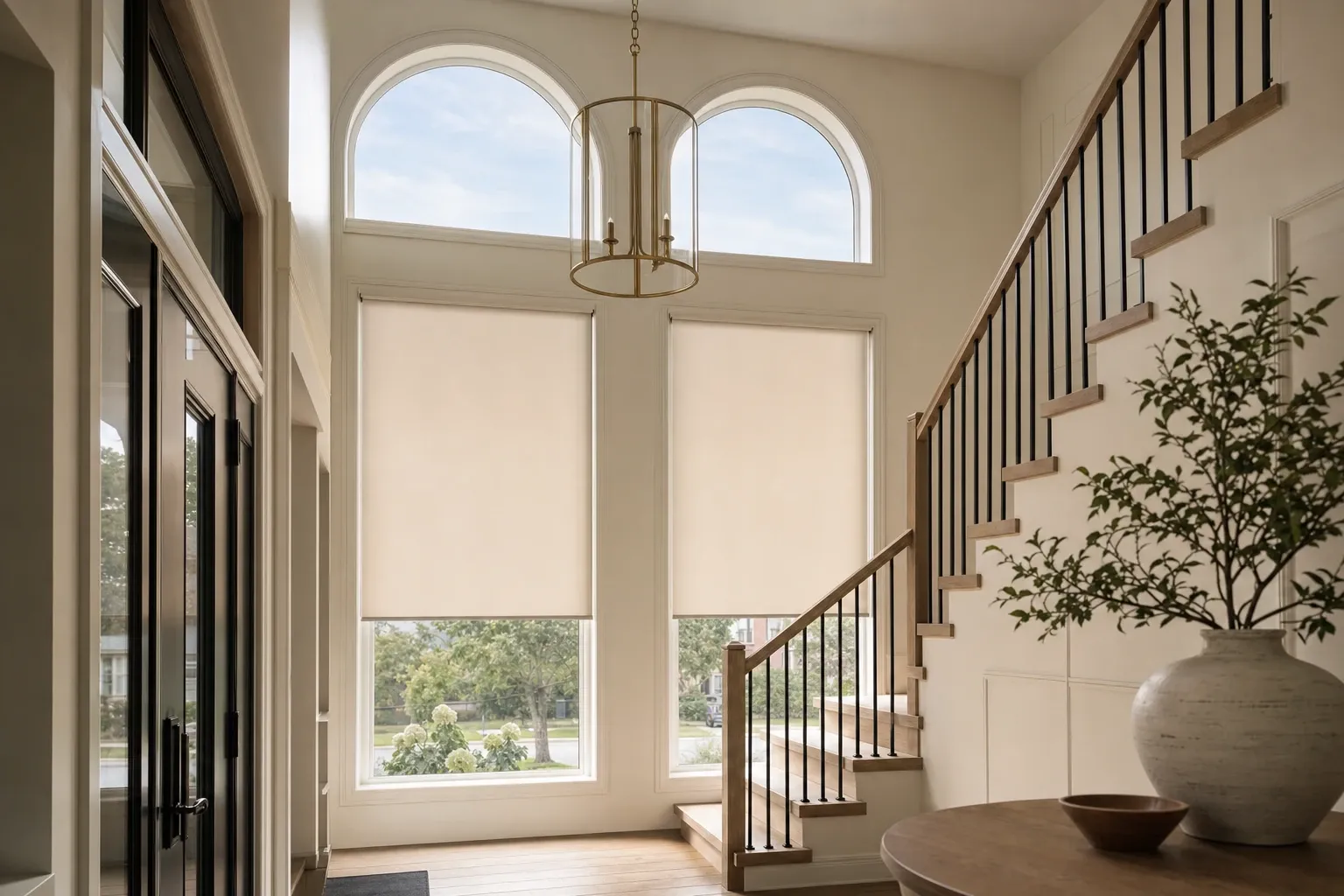Double-height foyer with two arched upper windows left open and two lower windows covered by matching warm-white roller shades
