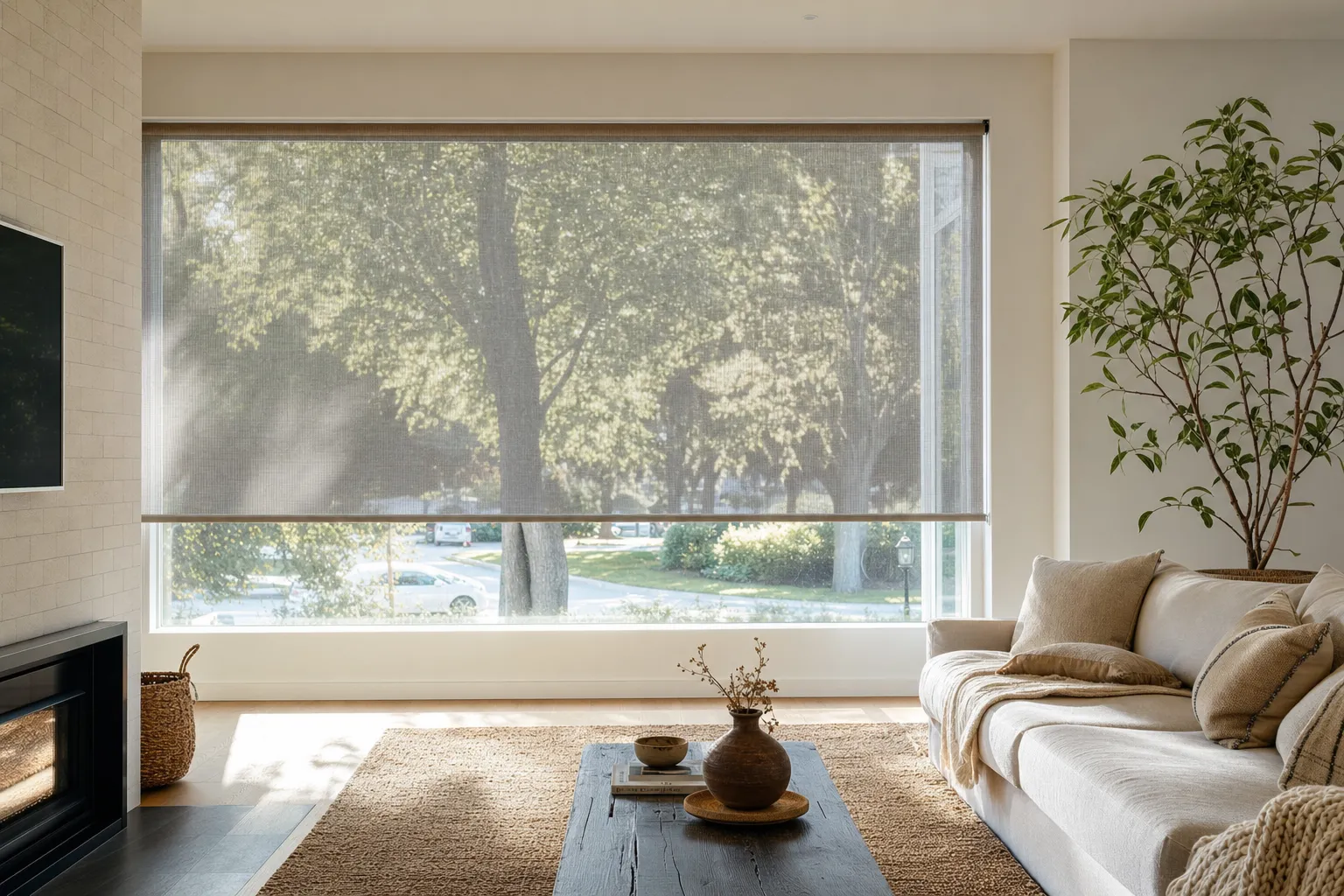 A roller blind lowered two thirds across a wide living-room window, the trees and the street outside clearly visible through the weave of the screen