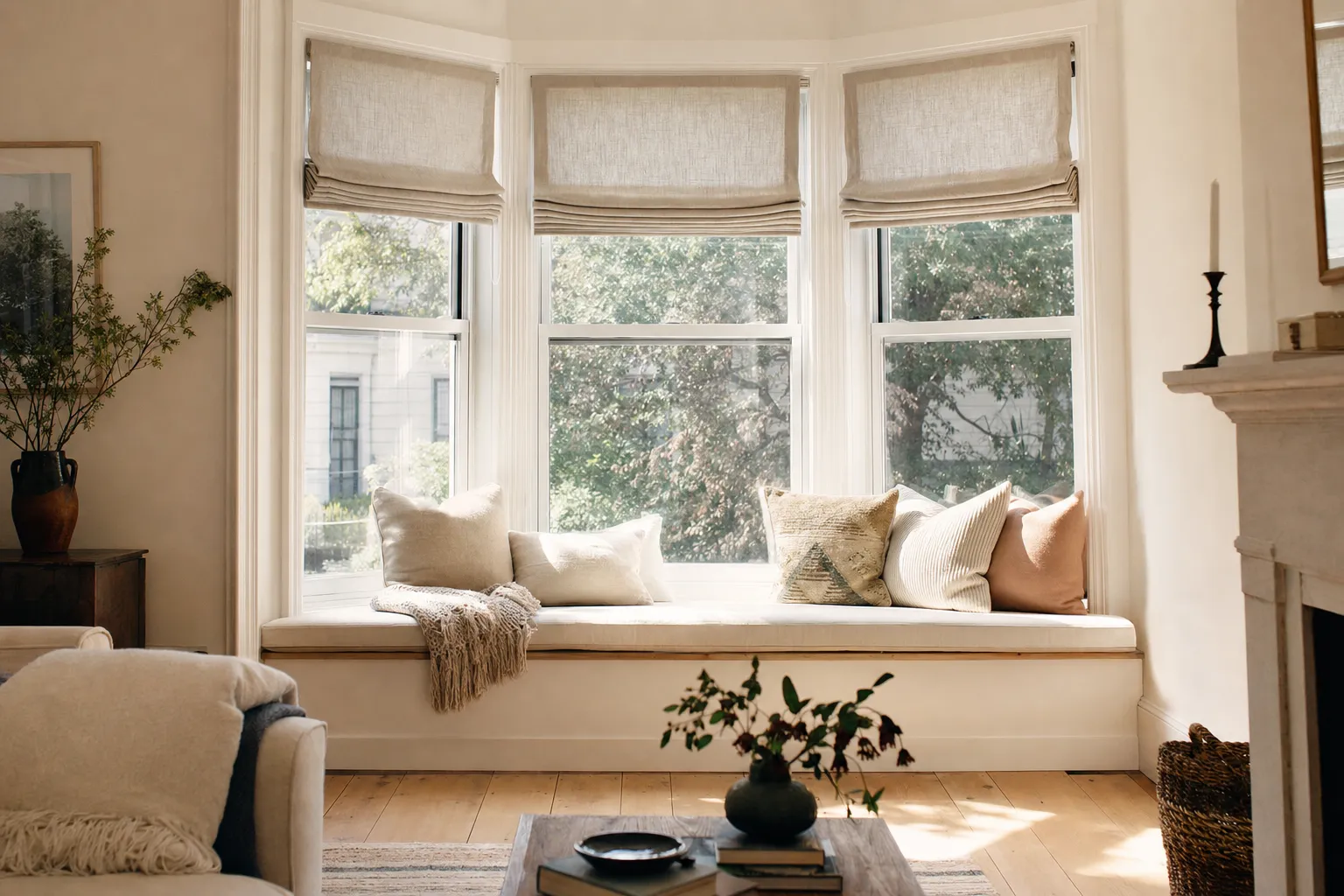 Three roman shades across a sunlit bay window, each raised to the same height with its folds stacked above the pane, a cushioned seat below