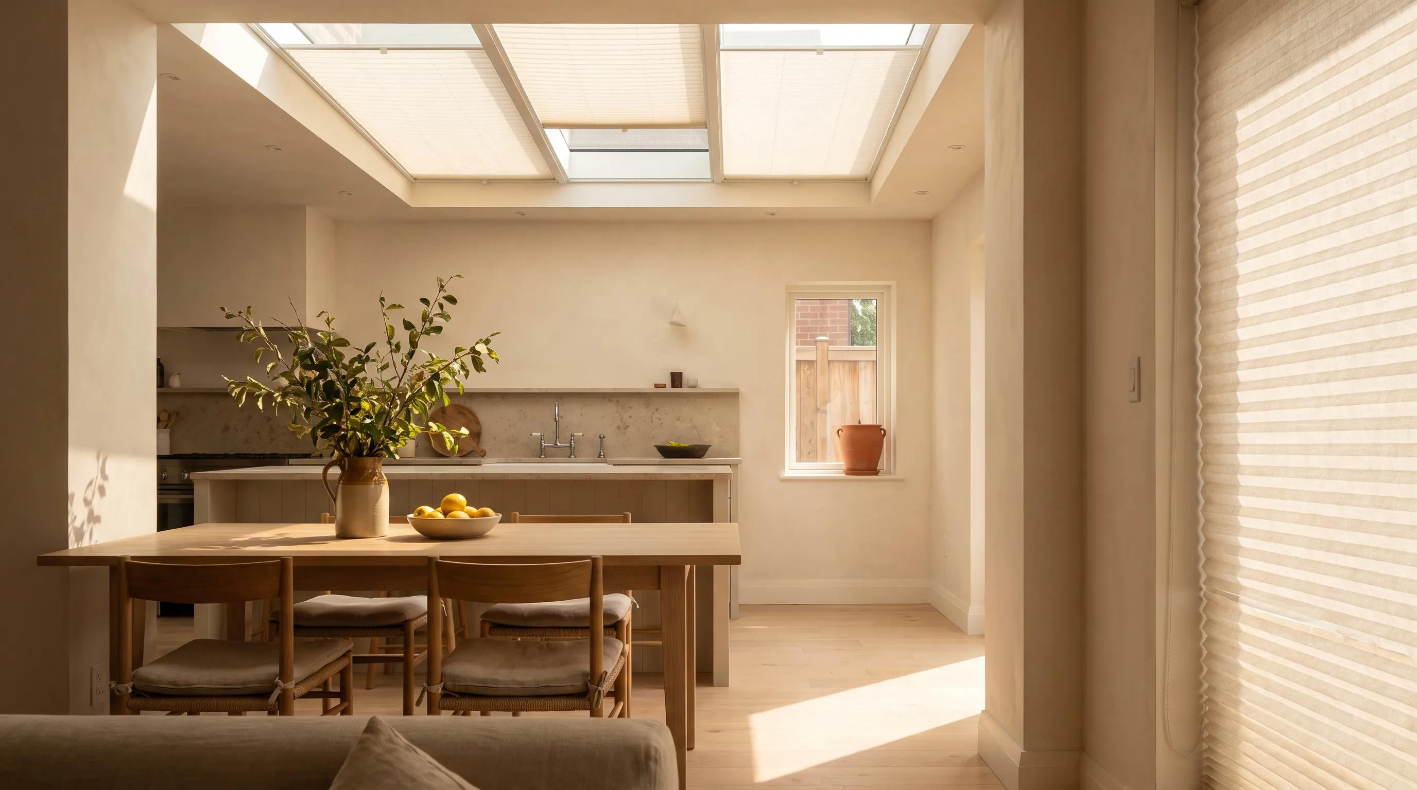 A kitchen extension under a flat glass roof lantern, each pane carrying its own warm-white pleated blind with one left open so a shaft of sun falls onto the pale oak table below