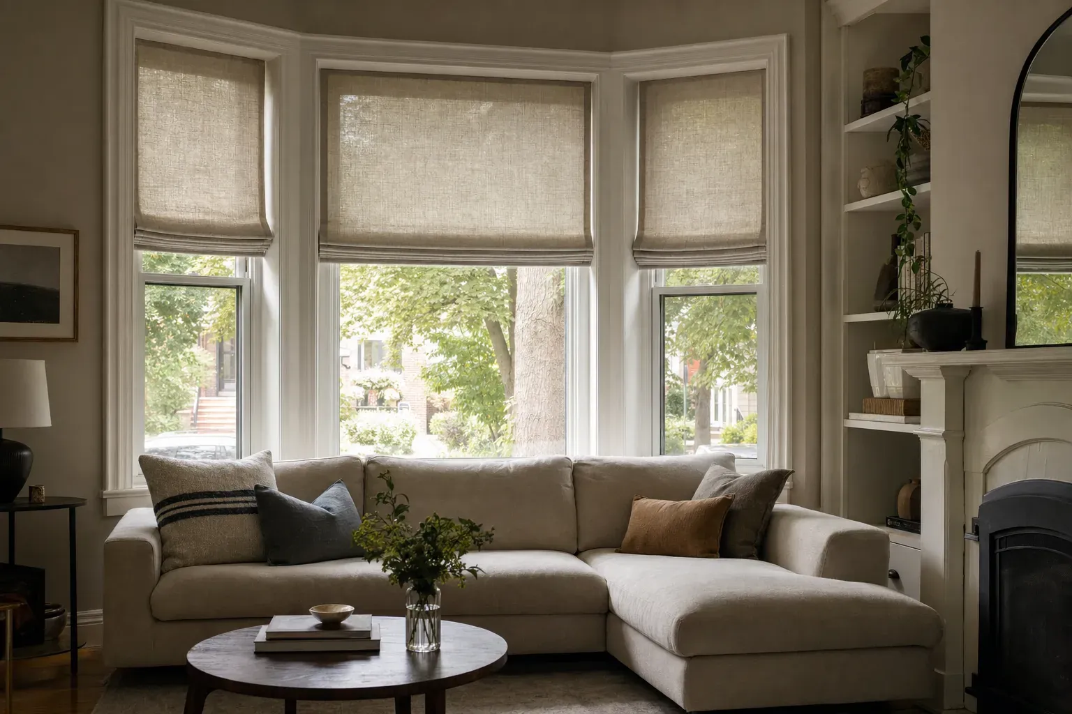 Three natural linen roman shades following the angles of a traditional Toronto bay window with their folds aligned