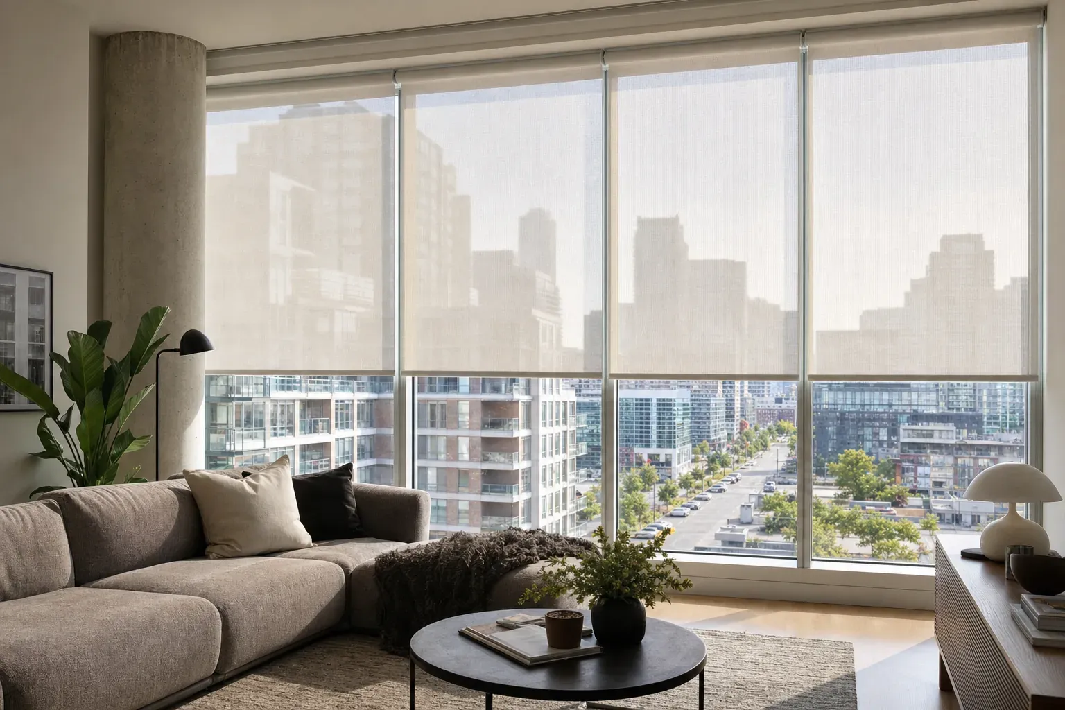 Pale solar screen rollers lowered over separate floor-to-ceiling condo panes with the Toronto street still visible through them