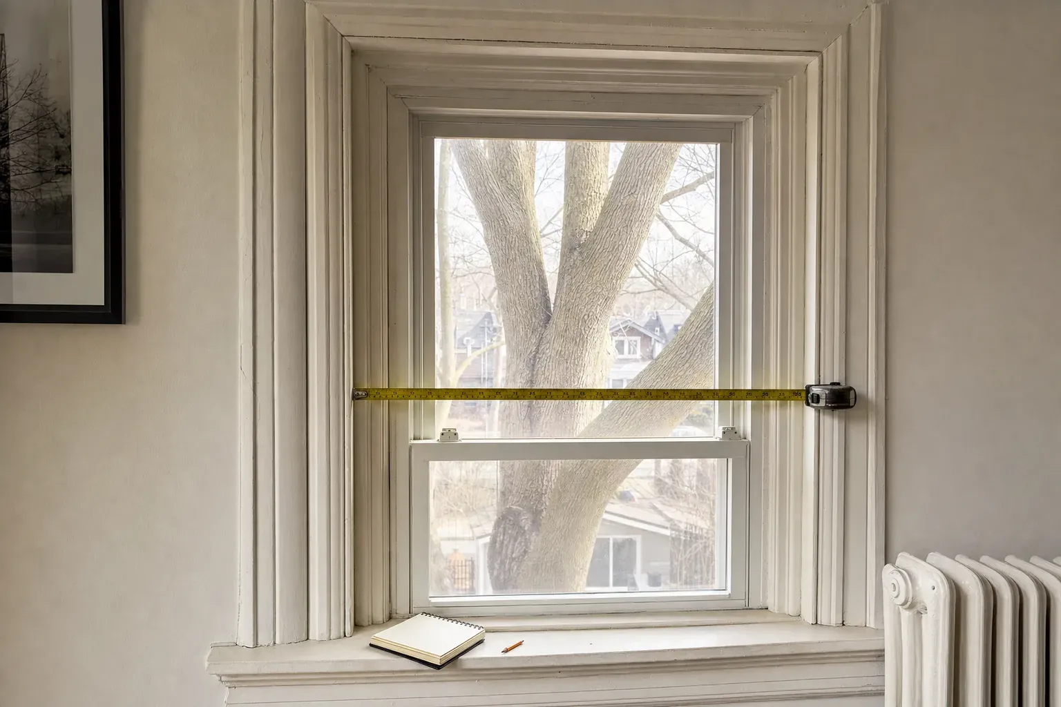 Tape measure spanning the inside width of an original painted Toronto window reveal with a notebook on the sill