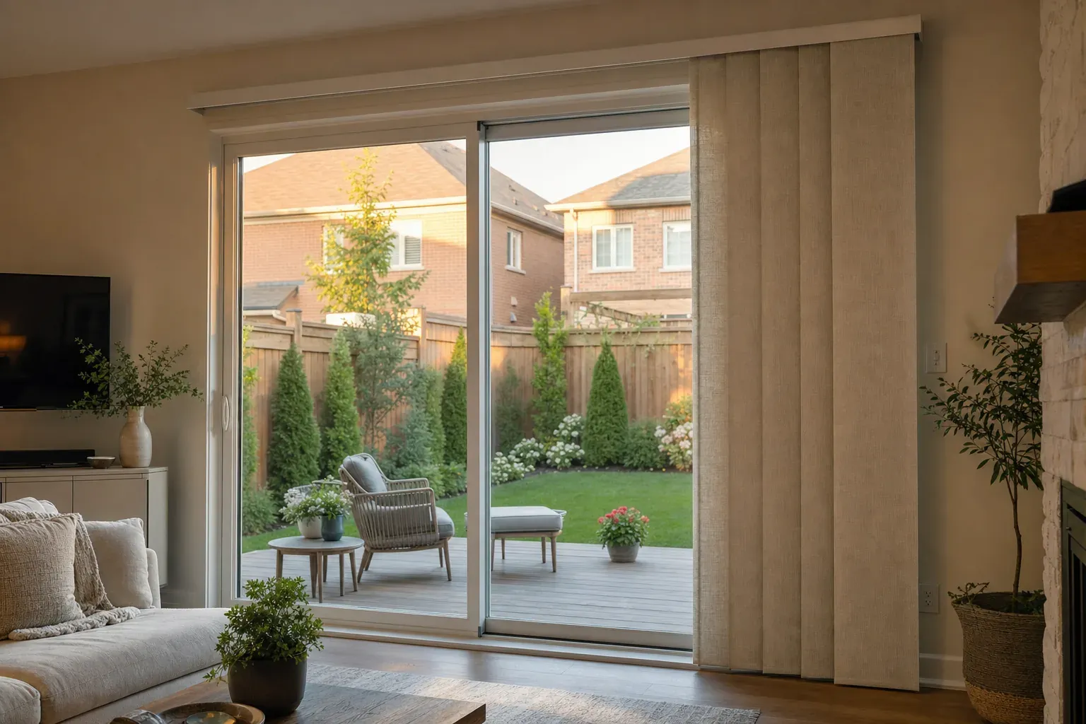 Textured sliding panel-track blinds stacked neatly beside a broad garden door to leave most of the glass clear
