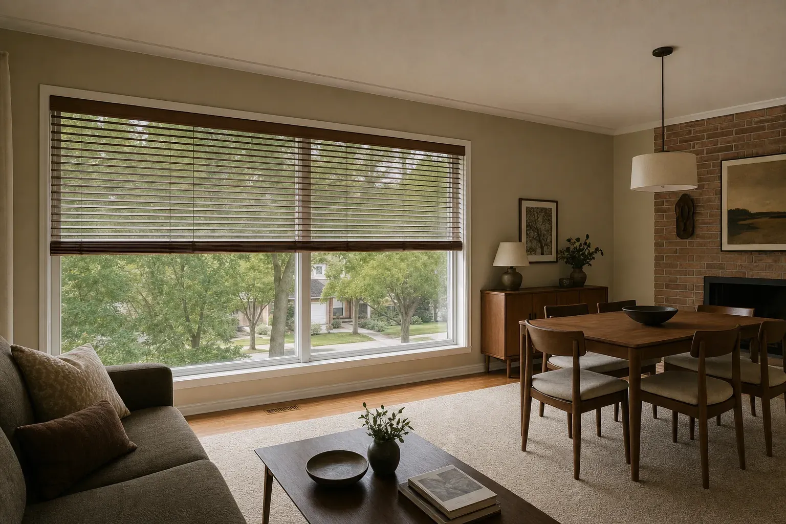 Warm timber venetian blinds raised and lightly tilted across a wide Thornhill window facing mature leafy trees