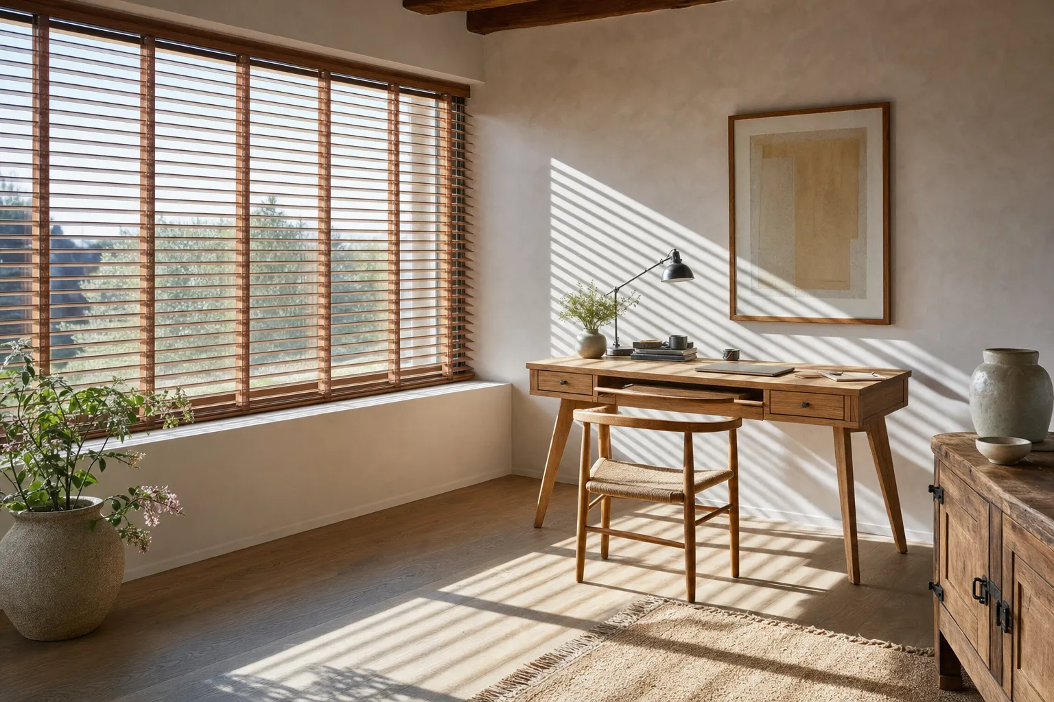Wooden venetian blinds along a bright study window, the tilted slats throwing sharp parallel stripes across the wall, the desk and the floor