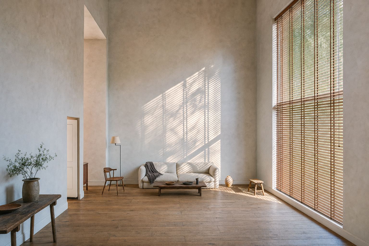 A wide, bright room with wooden venetian blinds filling a tall window on the right, the tilted slats throwing sharp parallel stripes of daylight across the far wall and the floor