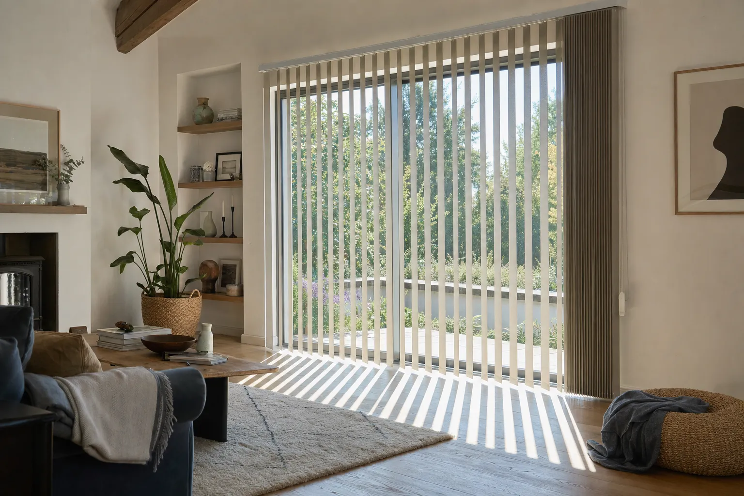 Vertical blinds across a bright living-room patio door, the vanes angled so daylight falls in tall narrow strips across the floor