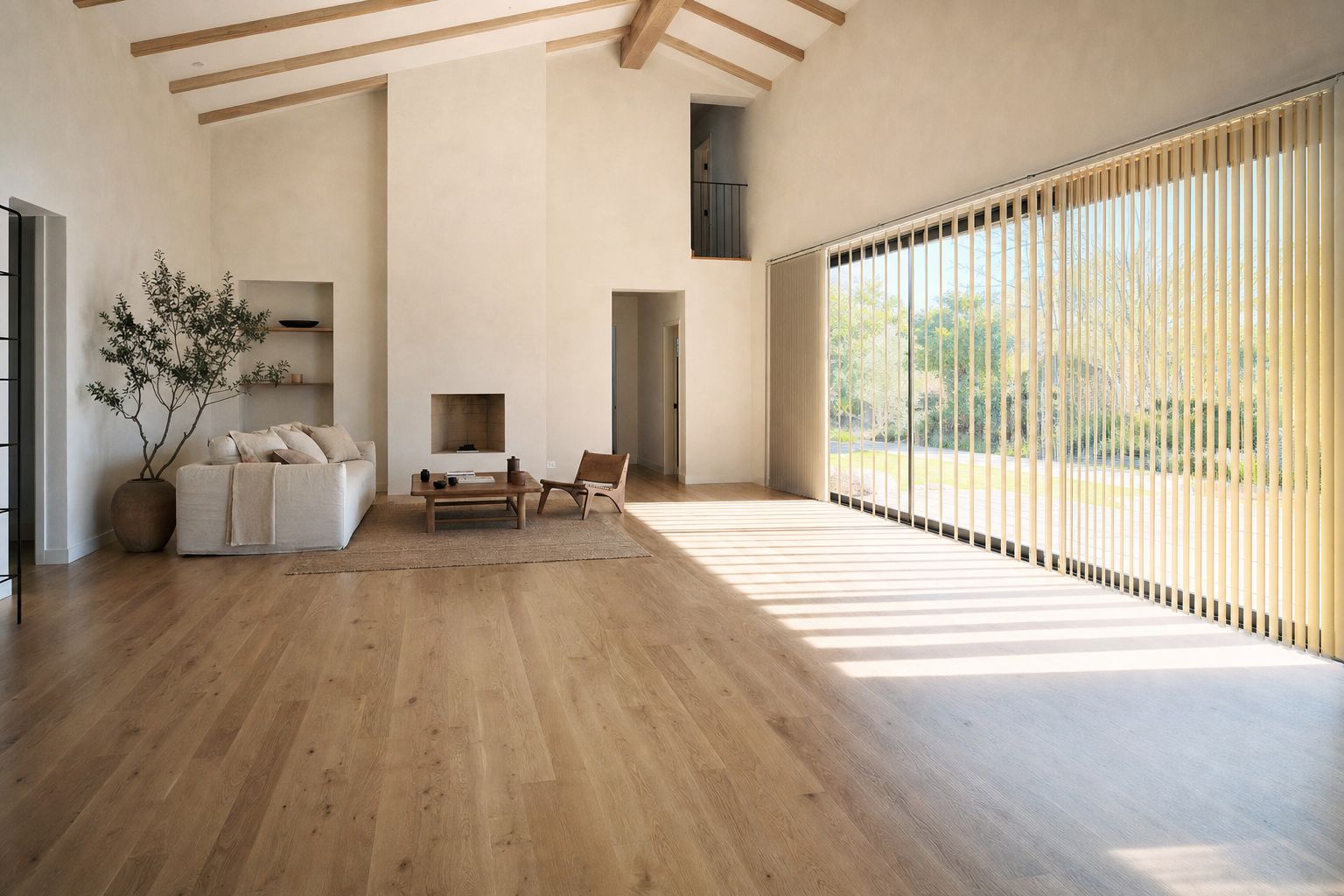 A wide, bright room with a glazed wall of vertical blinds on the right, the vanes angled so daylight falls in tall narrow strips across the whole oak floor