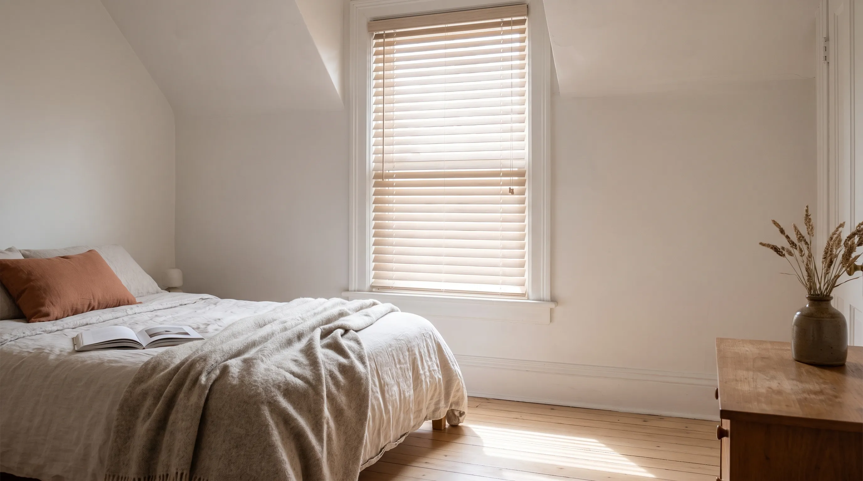 A pale ash wooden venetian blind across a bright bedroom window under a sloping ceiling, the slats tilted so the whole room glows, with a linen bed, a wool throw, an open book and a terracotta pillow