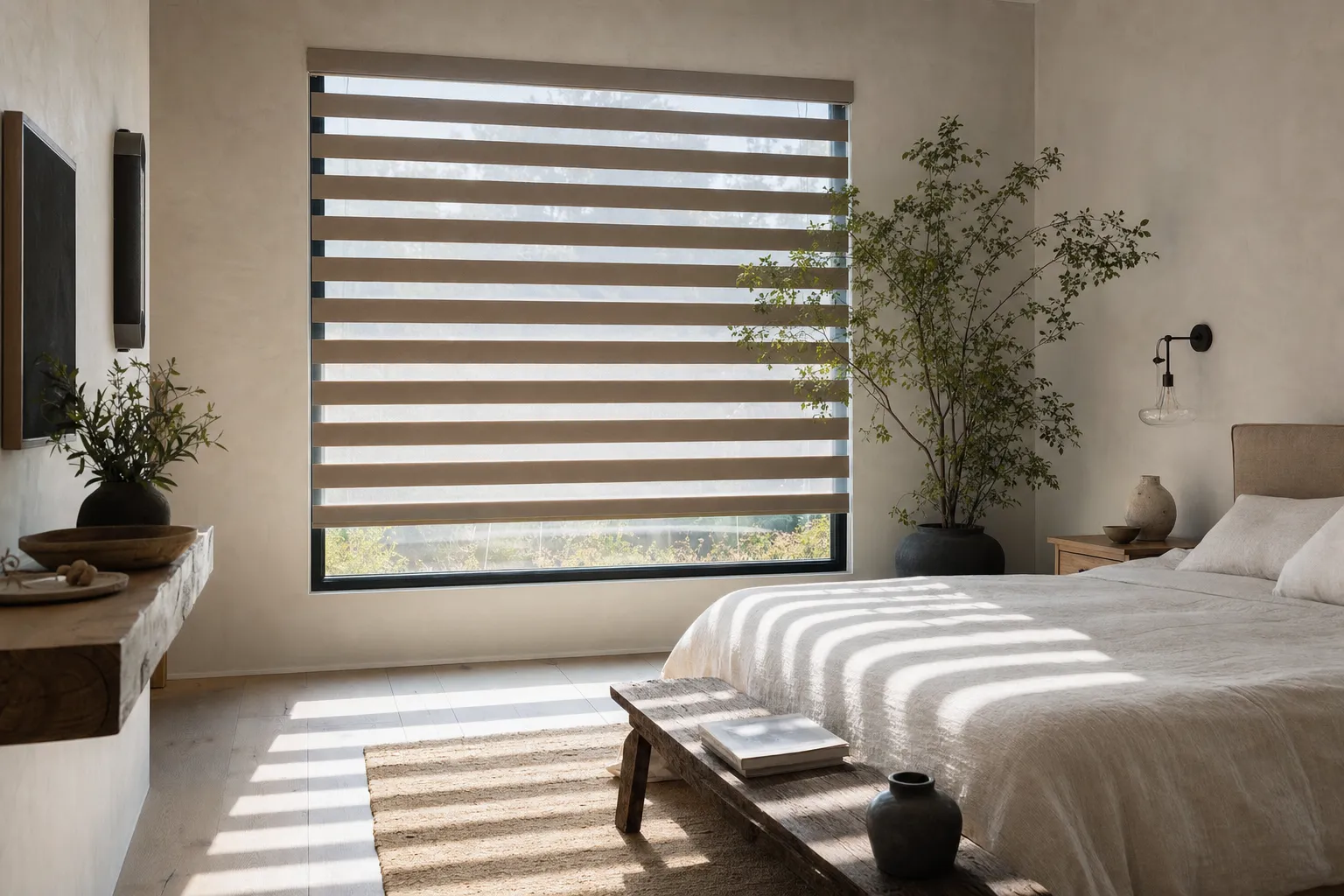 Zebra blinds across a bright bedroom window, the alternating sheer and solid bands laying soft stripes of daylight over pale bedding and the floor