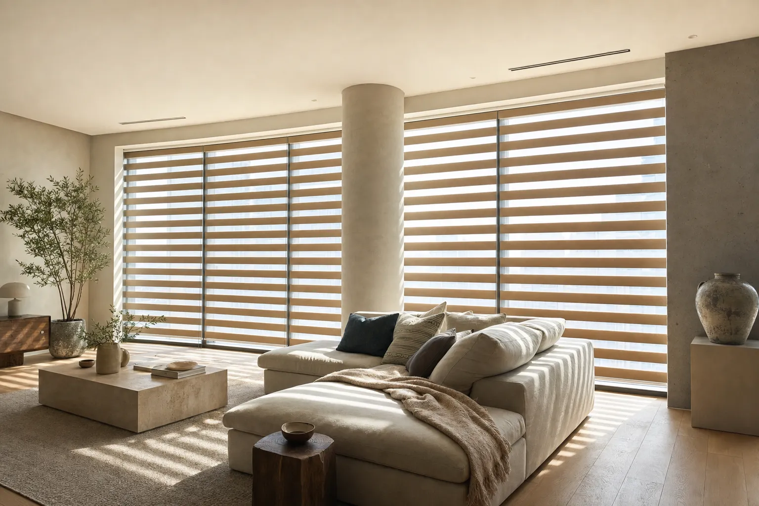 Wide zebra blinds in a bright living room, the alternating bands filtering daylight over a low sofa and a pale floor