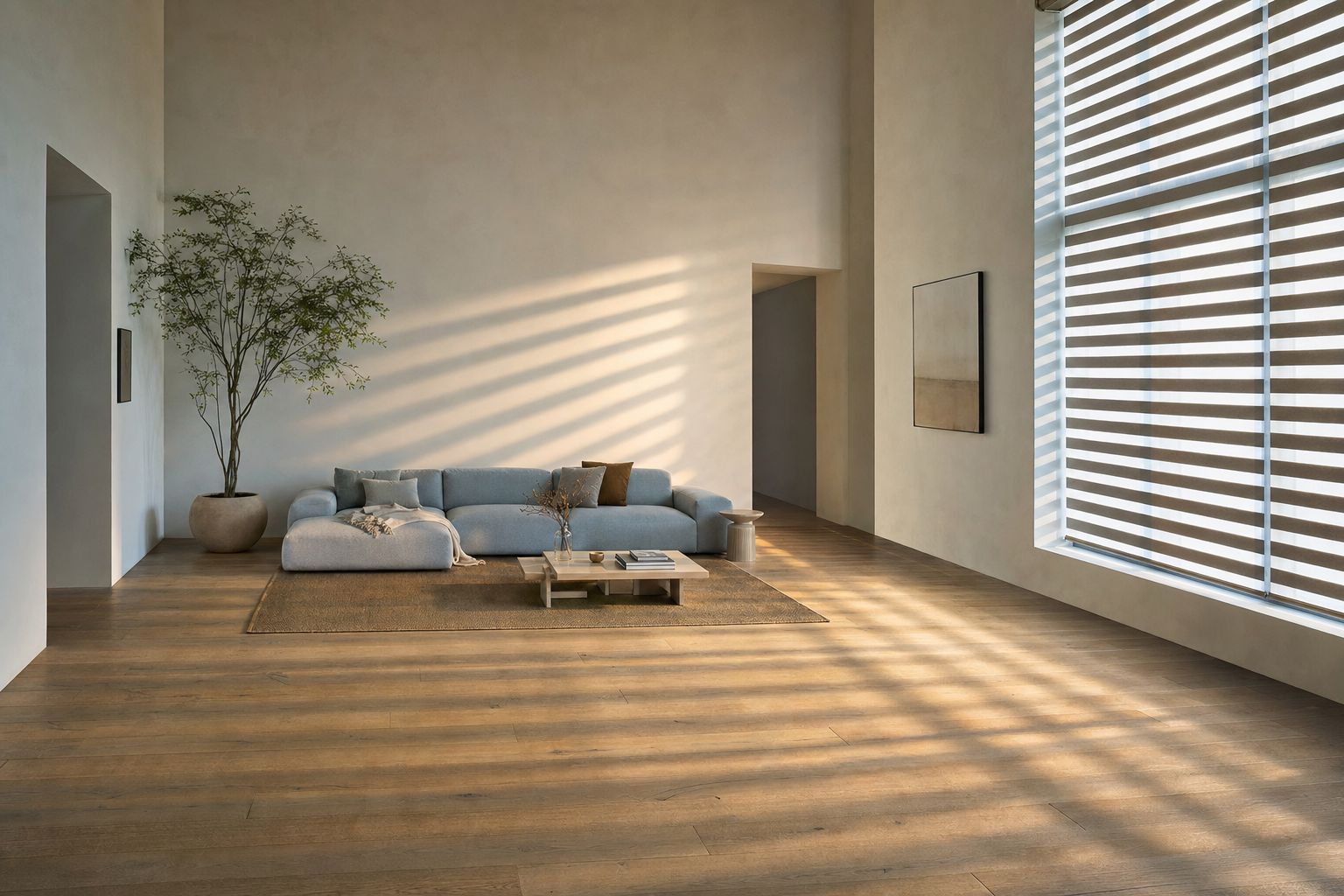A wide, bright living room with a tall window of zebra blinds on the right, the alternating sheer and solid bands throwing long stripes of morning light across the oak floor and the far wall, a low blue sofa and a tree in the distance